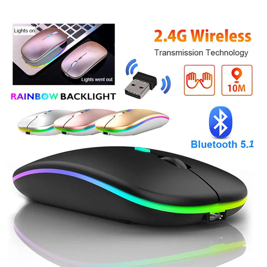 ชาร์จบลูทูธไร้สาย 5.1 เมาส์ 2.4GHz USB RGB 1600DPI เมาส์สำหรับ MacBook แท็บเล็ตคอมพิวเตอร์แล็ปท็อป PC เม้าส์